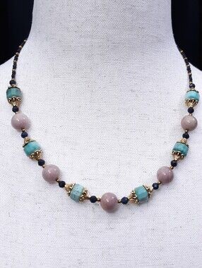 18" Victorian Whimsigoth Gemstone Beaded Necklace Rhodonite Amazonite Green Pink